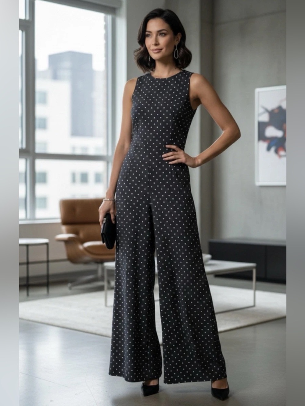 Ralph Lauren Black Polka Dot Sleeveless Wide-Leg Jumpsuit size 14